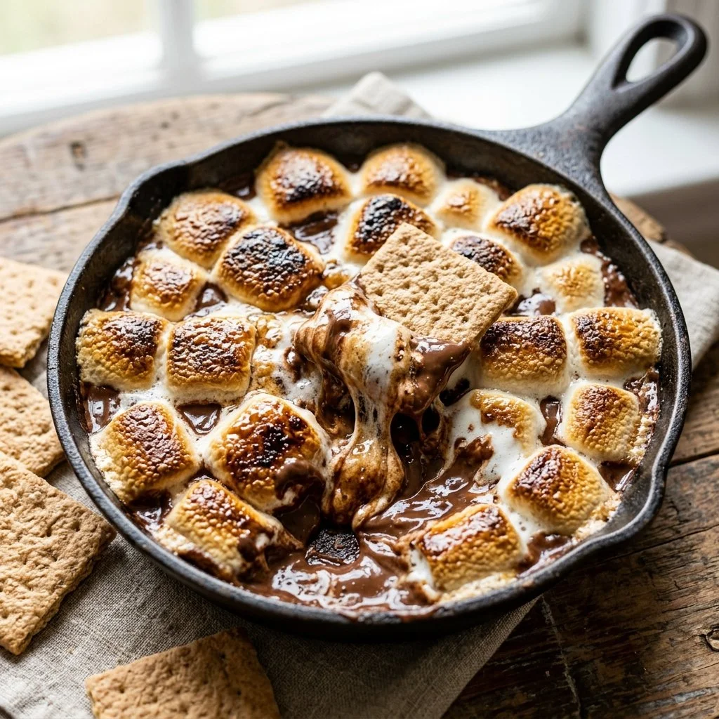 Delicious S'mores Dip served with graham crackers and topped with marshmallows