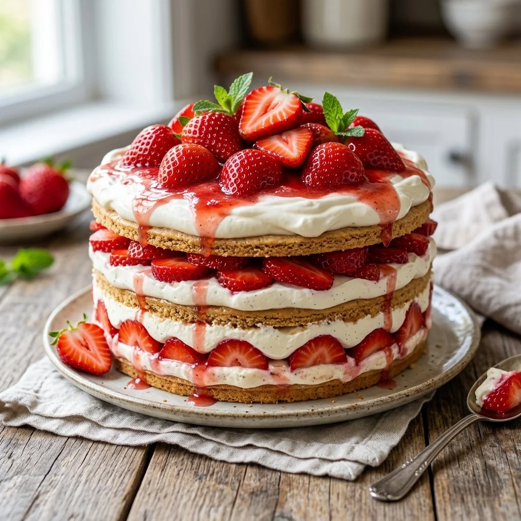 Delicious strawberry icebox cake layered with fresh strawberries and cream.