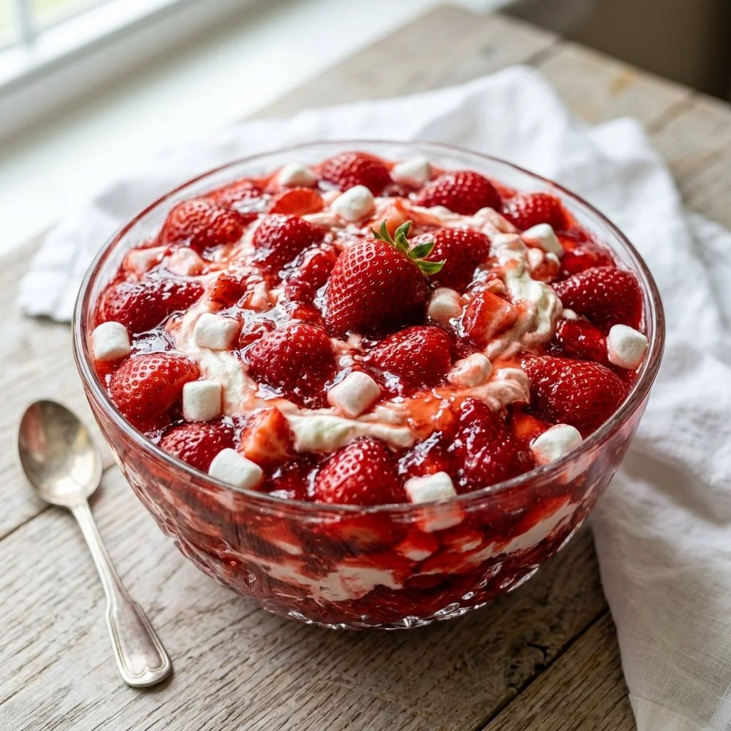 Delicious Strawberry Jello Salad with fresh strawberries and whipped cream