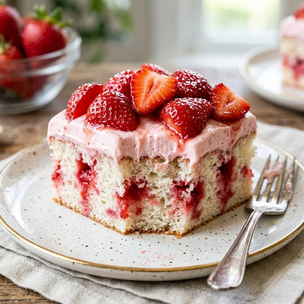 Delicious Strawberry Poke Cake topped with fresh strawberries and whipped cream.