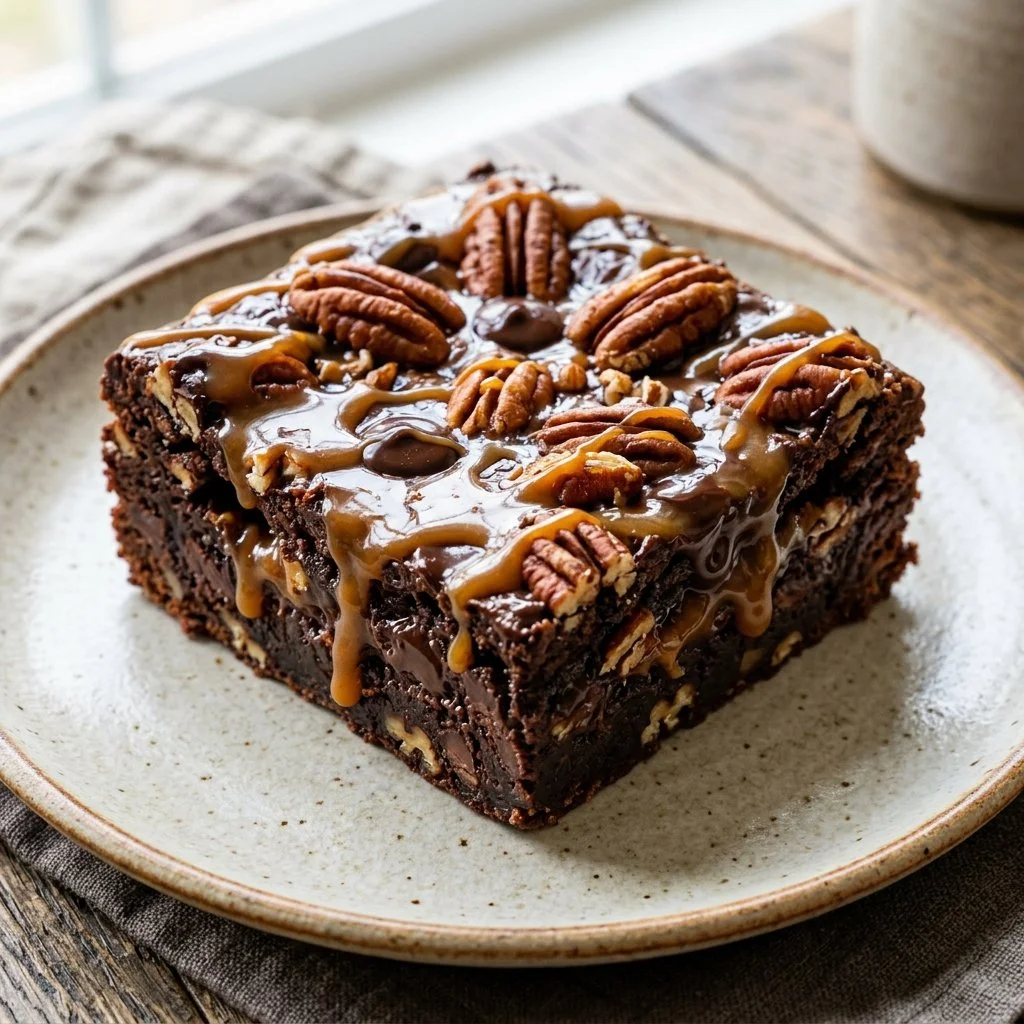 Delicious homemade turtle brownies topped with caramel and nuts