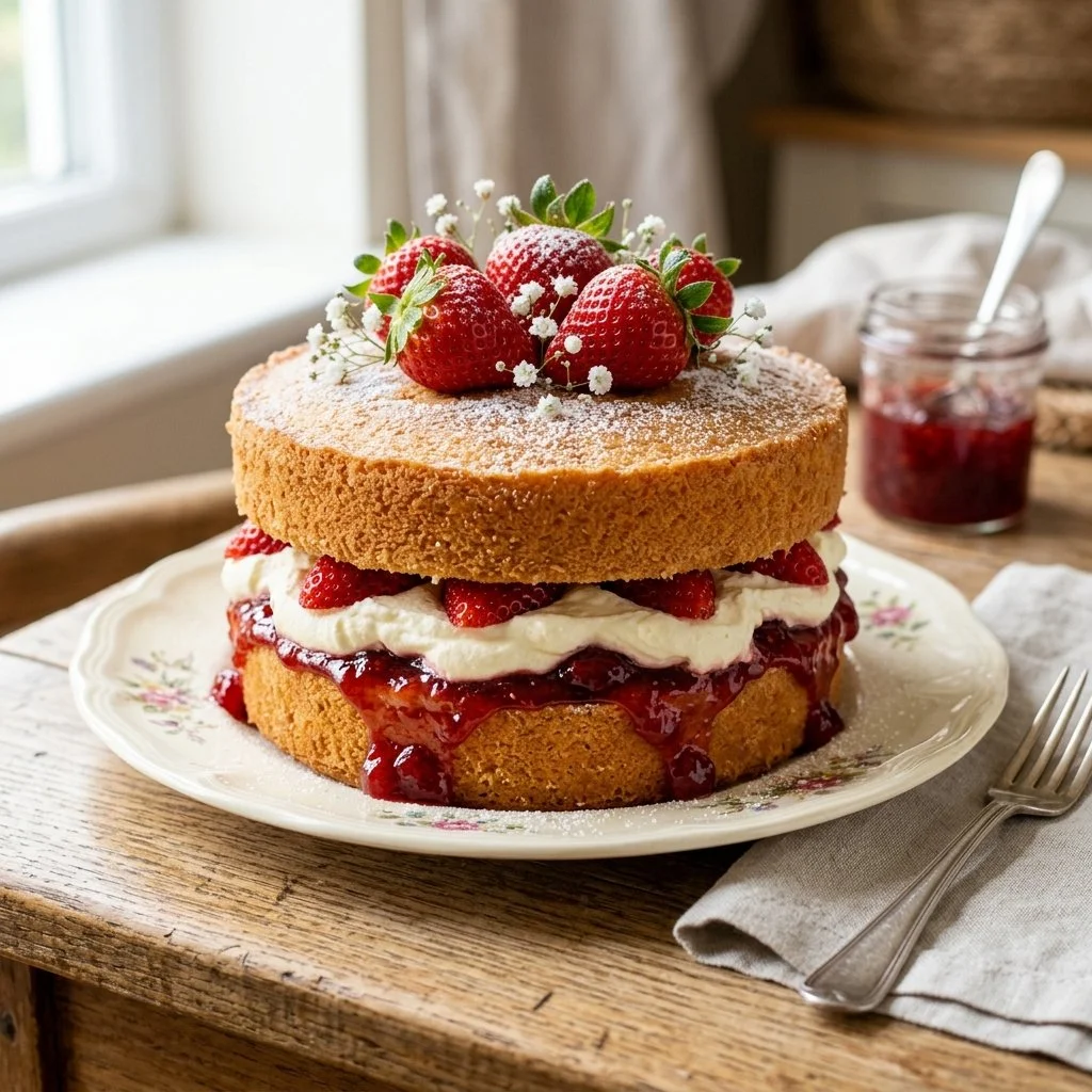 Delicious homemade Victoria Sponge Cake with cream and jam filling.