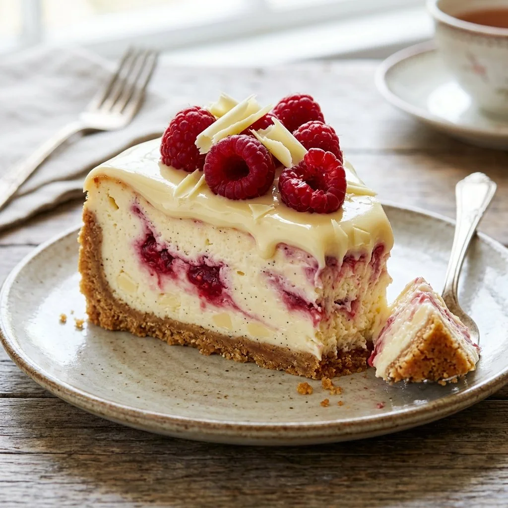 Slice of white chocolate raspberry cheesecake garnished with fresh raspberries